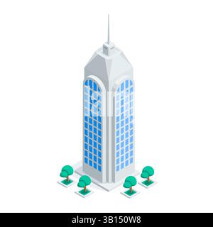isometric vector skyscraper and trees, in color on white background, city buildings Stock Vector