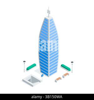 isometric vector skyscraper and trees, in color on white background, city buildings Stock Vector