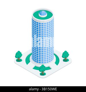 isometric vector skyscraper and trees, in color on white background, city buildings Stock Vector
