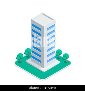 isometric vector skyscraper and trees, in color on white background, city buildings Stock Vector