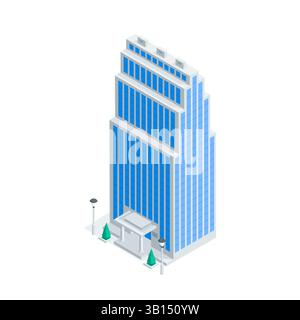 isometric vector skyscraper and trees, in color on white background, city buildings Stock Vector