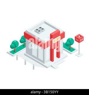 isometric vector shopping mall facade, in color on white background, store or entertainment center Stock Vector