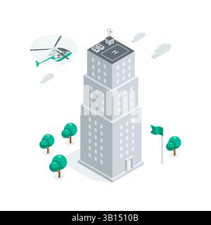 isometric vector skyscraper and flying helicopter, in color on white background, city buildings Stock Vector
