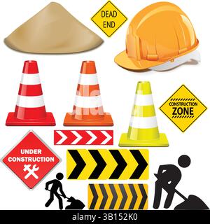 High visibility construction site signs vector featuring bold safety and hazard symbols for workplace safety compliance. Perfect for signage designs, Stock Vector