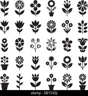 Flower Silhouette Vector Icon Set or Black Floral Shapes, Petals, and Plants on White Background Stock Vector