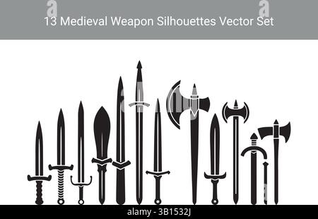 Medieval Weapon Silhouettes Vector Set or Black Icons of Swords, Axes, and Daggers on White Background Stock Vector
