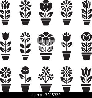 Flower Silhouette Vector Icon Set or Black Floral Shapes, Petals, and Plants on White Background Stock Vector