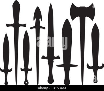 Medieval Weapon Silhouettes Vector Set or Black Icons of Swords, Axes, and Daggers on White Background Stock Vector