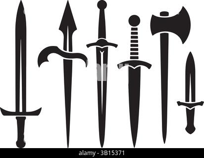 Medieval Weapon Silhouettes Vector Set or Black Icons of Swords, Axes, and Daggers on White Background Stock Vector