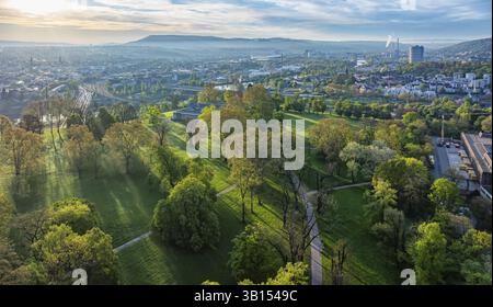 Rosensteinpark in the early morning, view of the cityscape of Bad Cannstatt. Aerial view. Stuttgart, Baden-Wuerttemberg, Germany, Europe Stock Photo