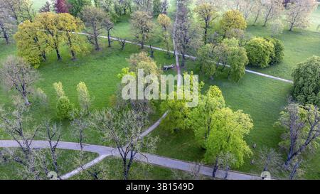Rosenstein Park in spring with old trees and paths through the landscaped park. Aerial view. Stuttgart, Baden-Wuerttemberg, Germany, Europe Stock Photo