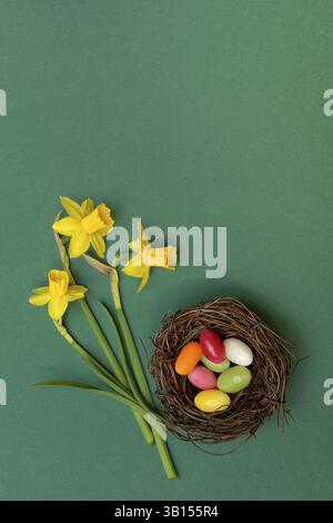 Easter nest, nest with sugar eggs and yellow daffodils Stock Photo