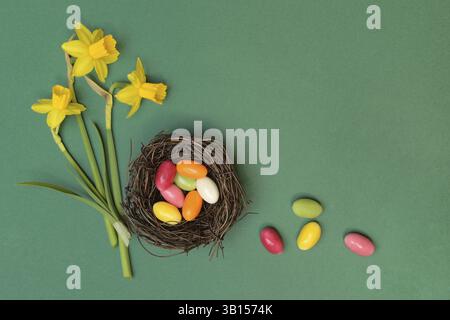 Easter nest, nest with sugar eggs and yellow daffodils Stock Photo