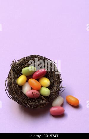Colourful sugar eggs in Easter nest, Easter eggs in nest, Easter Stock Photo