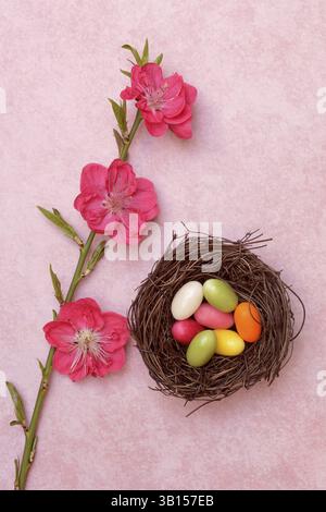Easter nest, nest with sugar eggs and blossoms of the Japanese ornamental peach Stock Photo