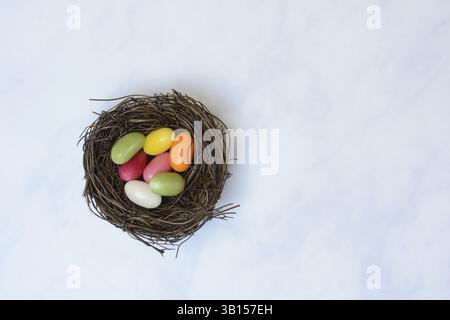 Easter nest, nest with sugar eggs Stock Photo