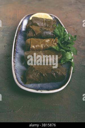 Dolma, minced meat with rice, in grape leaves, rolls with minced meat, on a plate, top view, no people, tolma, grape leaves with filling Stock Photo