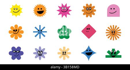 Funny Smiling Cartoon Characters and Abstract Stickers Vector Set - Logo Design Templates and Graphic Elements for Branding and Advertising Stock Vector
