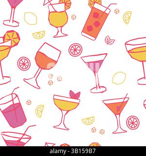 Seamless pattern with colorful cocktail glasses citrus slices ice cubes and mint leaves Fun design for summer party decorations or drink themed  Stock Vector