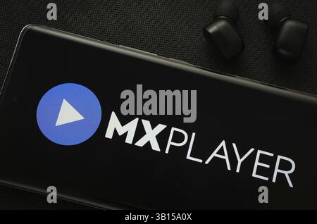 Dhaka, Bangladesh, 17 March 2025: The logo of the MX Player is displayed on a smartphone screen, Asia Stock Photo