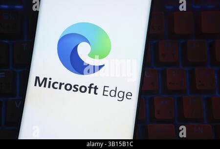 Dhaka, Bangladesh - 17 March 2025: The logo of the microsoft edge is displayed on a smartphone screen Stock Photo