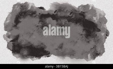 Dark gray and black watercolor paint creates an abstract shape on textured white paper, suitable for backgrounds, overlays, and artistic projects.Bela Stock Photo