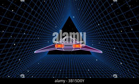 Arcade space ship flying through the triangular gate, 80s style synthwave or retrowave illustration Stock Vector
