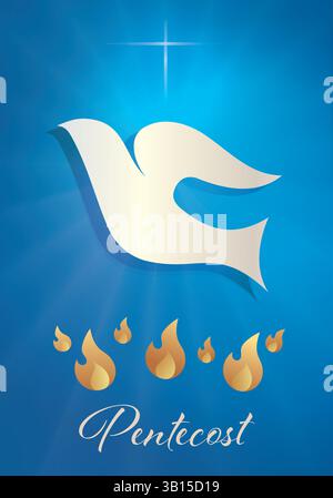 Pentecost dove flame Holy Spirit fire symbol Christian religion. Blue background Stock Vector