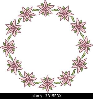 Illustration made with flowers on a white background creating a circular border. Stock Vector