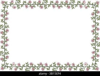 Illustration made with flowers and leaves on a white background creating a rectangular border. Stock Vector