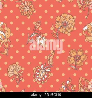 Coral Rococo Floral Dots Pattern Stock Vector