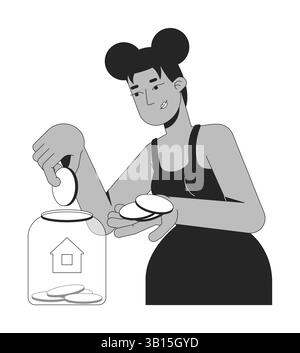 Black woman putting coins in home jar 2D line character Stock Vector