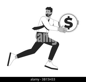 Anxious business black man running with dollar coin 2D line character Stock Vector
