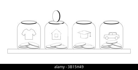 Organized savings for major life goals line illustration concept Stock Vector