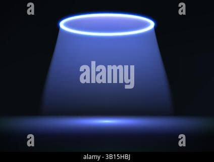 focused beam of vibrant blue light shines from a glowing oval ring, illuminating a dark surface with a soft reflection, perfect for futuristic tech, s Stock Vector