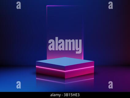 3d futuristic square podium with glowing pink neon lights in a dark room a gradient blue and purple background and reflective floor, technology concep Stock Vector