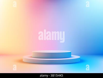 modern 3d white round podium stand on a vibrant gradient background transitioning from yellow to pink to blue, product display, mockup, minimalist sho Stock Vector