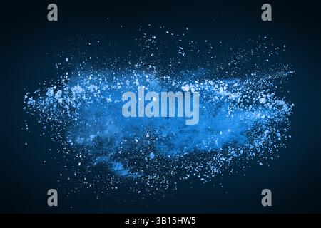 Dynamic blue powder explosion against dark background. for cosmetic advertisements, artistic designs, digital backgrounds, product launches, and creat Stock Photo