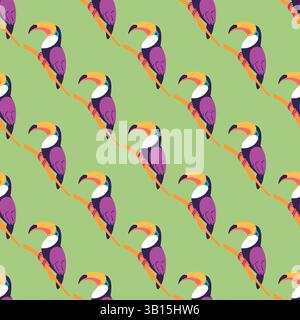 Tropical vector pattern featuring stylized toucans perched on branches, repeating on a vibrant green background. Ideal for fabric or summer-themed des Stock Vector