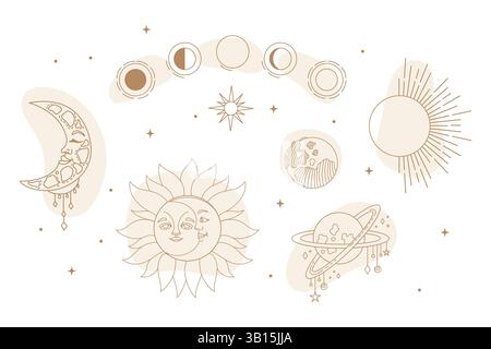 Magic celestial seamless pattern with stars, plants and sun. Boho pattern for astrology, esoteric, tarot, mystic and magic. Vector illustration on bei Stock Vector