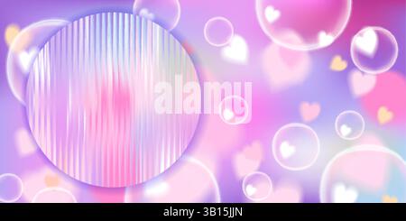 Dreamy pastel background with glass distortion effect and floating heart bubbles Stock Vector