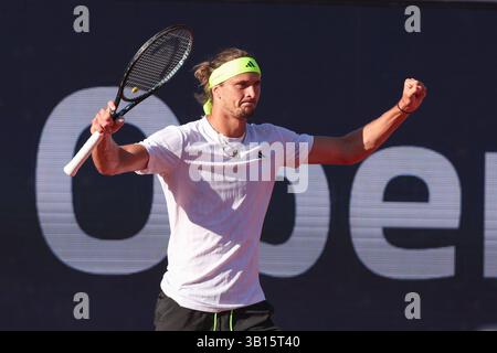 German tennis player Alexander Zverev (GER) celebrating at the 2025 BMW Open tournament in Munich,Bavaria, Germany. Stock Photo
