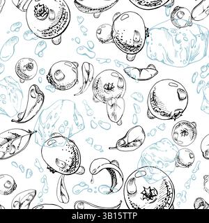 Cranberry lingonberry flying in water splash with ice cubes, drops and green leaves, vector hand drawn in ink, ripe summer forest berry. Isolated Stock Vector