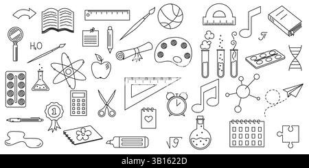 Handdrawn Doodle Education Set. Back to School Elements in Fun Cartoon Style Stock Vector