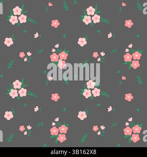 Seamless pattern with pink flowers and bouquets on a dark background Stock Vector