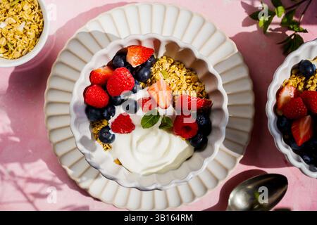 Yougurt bowl with granola and berries healthy protein breakfast Stock Photo