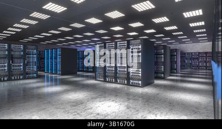 Server room hosting many servers operating in data center 3d Stock Photo