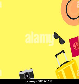 Illustrative vector. Travel essentials: suitcase, camera, and more on a sunny yellow background. Stock Vector
