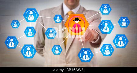 Unrecognizable cyber security manager identifying inside attack in a corporate network. Information technology concept for insider threat, cybersecuri Stock Photo