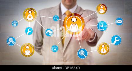 Unrecognizable male corporate user contacting customer service representatives via touch onscreen. Business and technology concept for IT help desk, a Stock Photo